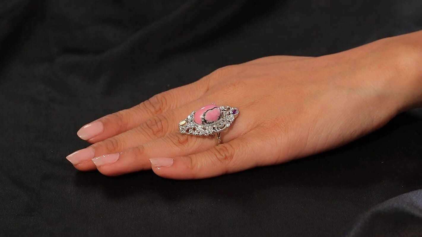 Karis Rhodonite and Multi Gemstone 15.30 ctw Ring in Platinum Bond (Size 10.0)