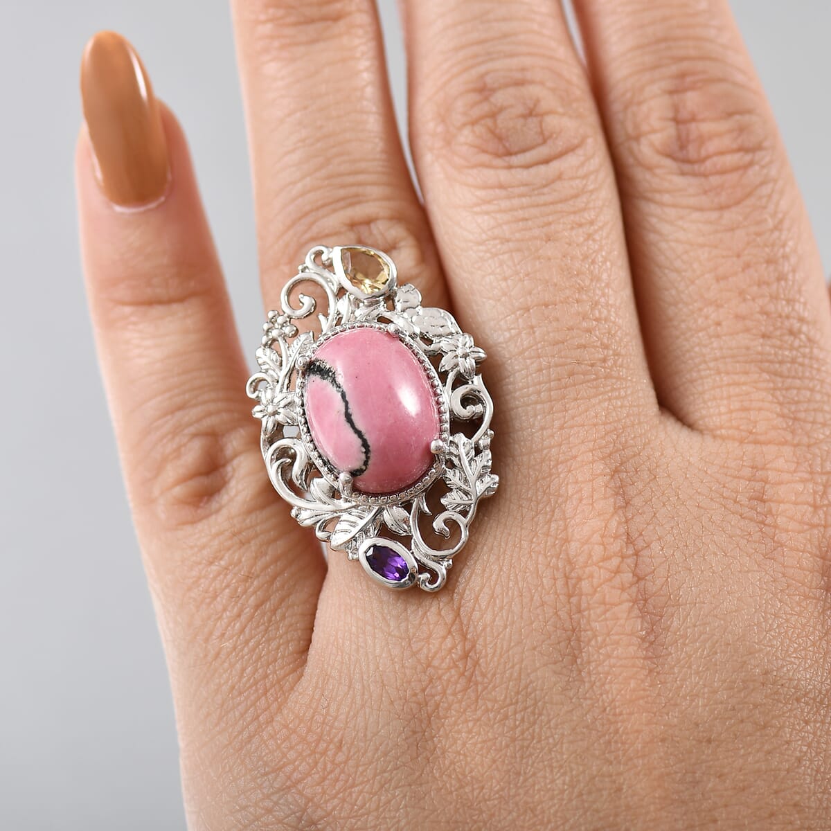 Karis Rhodonite and Multi Gemstone 15.30 ctw Ring in Platinum Bond (Size 10.0) image number 2