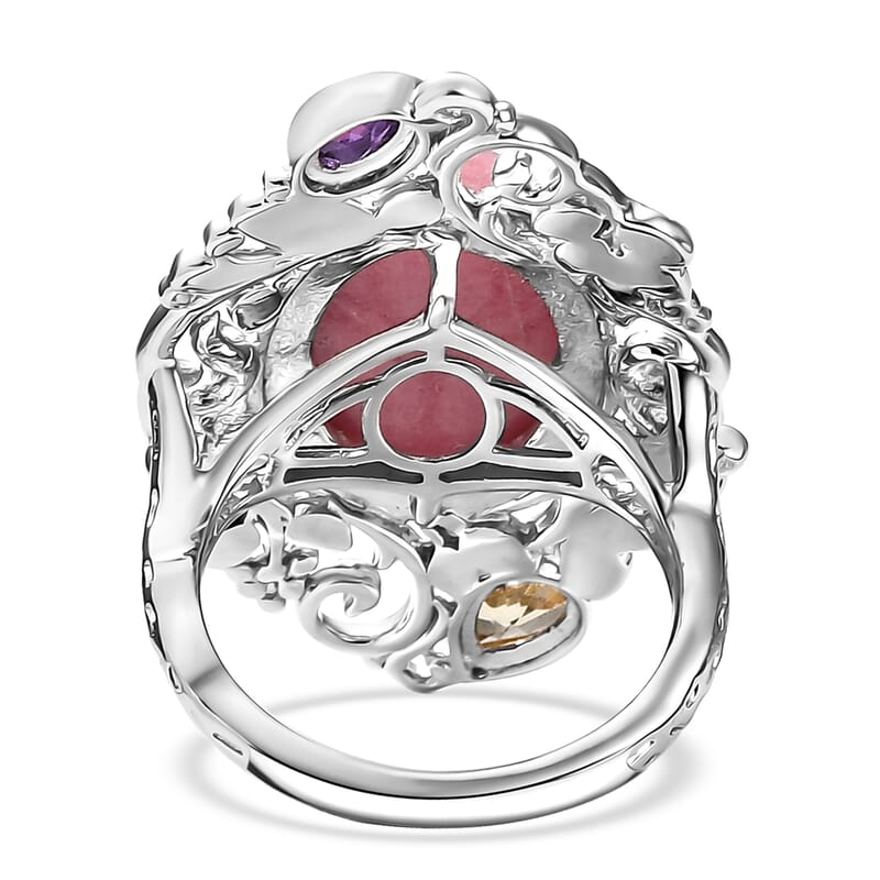 Karis Rhodonite and Multi Gemstone 15.30 ctw Ring in Platinum Bond (Size 10.0)