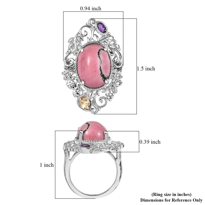 Karis Rhodonite and Multi Gemstone 15.30 ctw Ring in Platinum Bond (Size 10.0)
