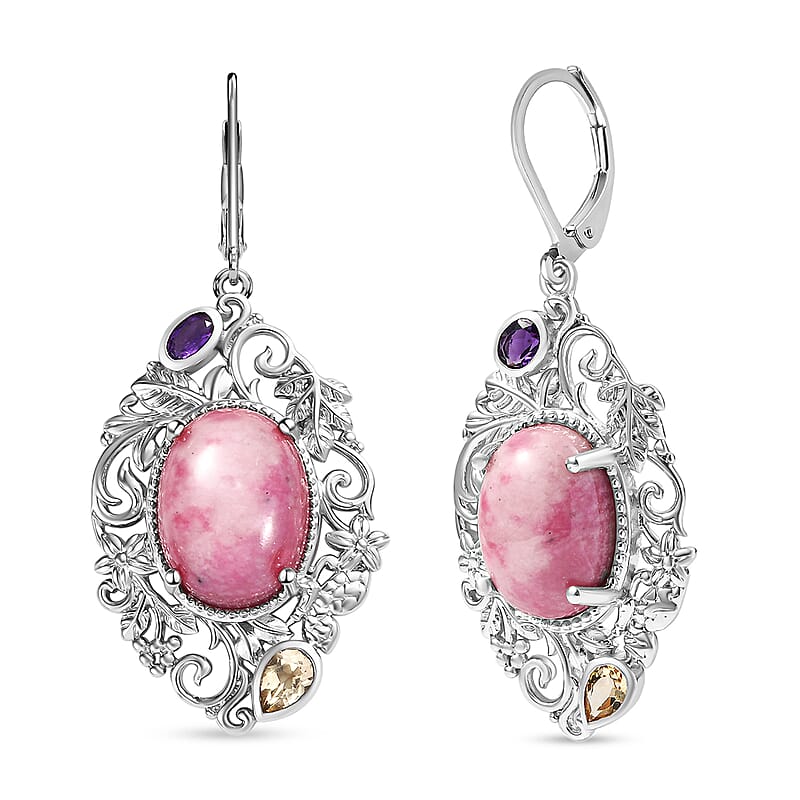Karis Rhodonite and Multi Gemstone 18.80 ctw Lever Back Earrings in Platinum Bond 