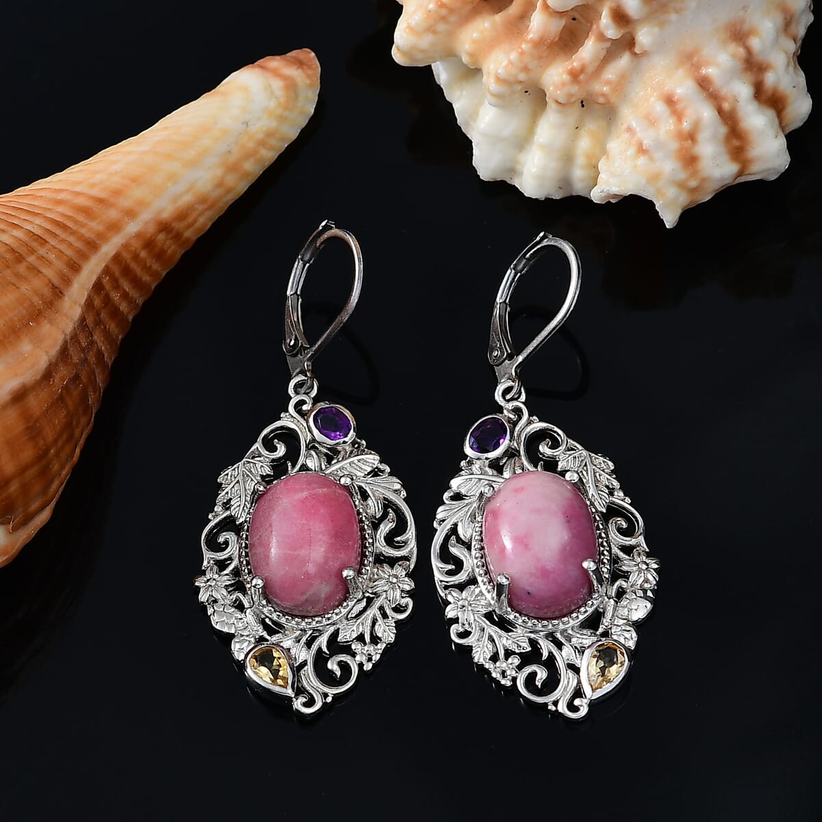 Karis Rhodonite and Multi Gemstone 18.80 ctw Lever Back Earrings in Platinum Bond  image number 1