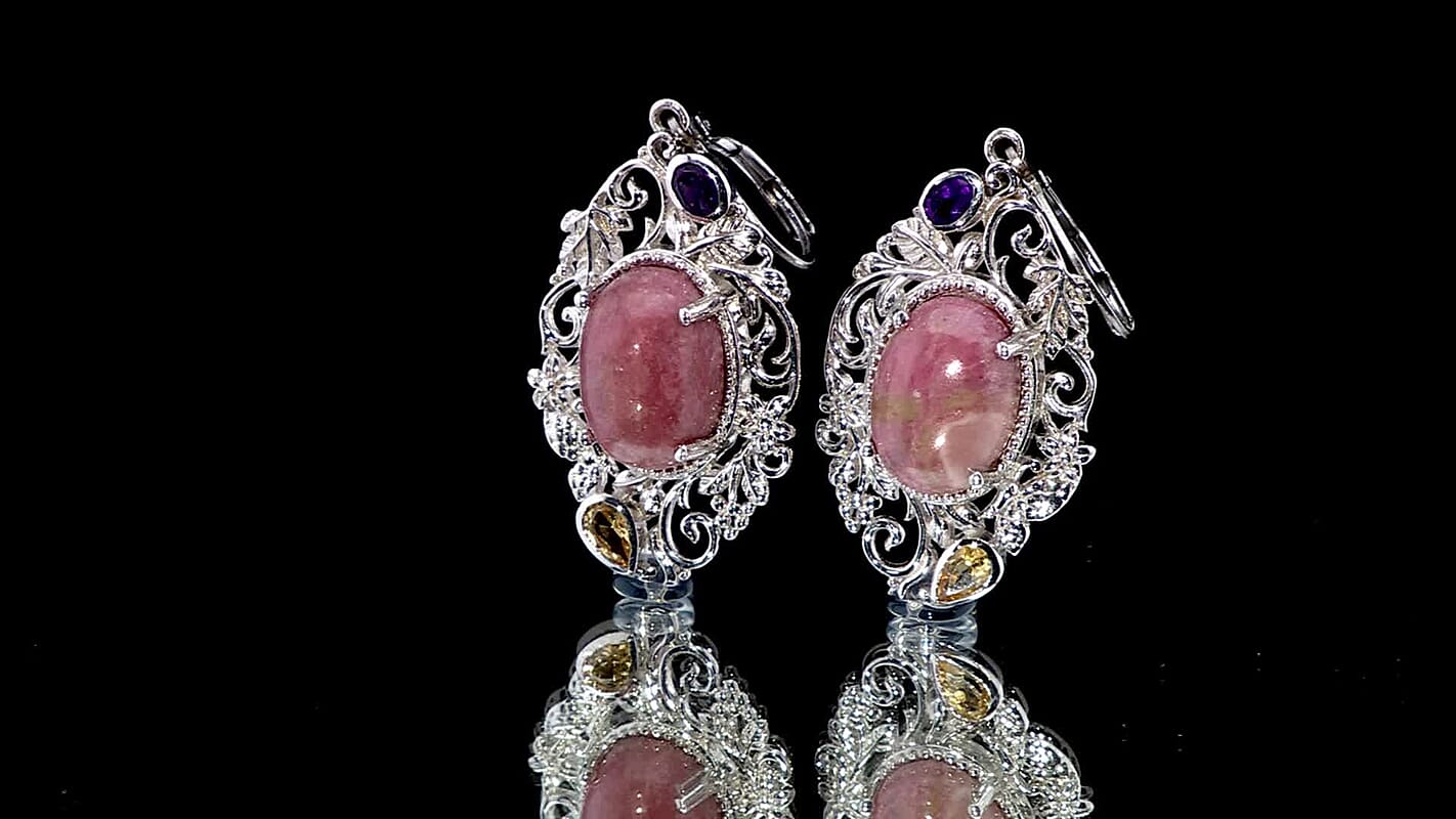 Karis Rhodonite and Multi Gemstone 18.80 ctw Lever Back Earrings in Platinum Bond