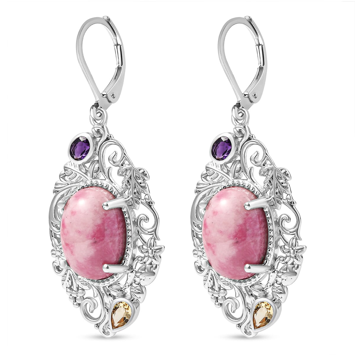 Karis Rhodonite and Multi Gemstone 18.80 ctw Lever Back Earrings in Platinum Bond  image number 3