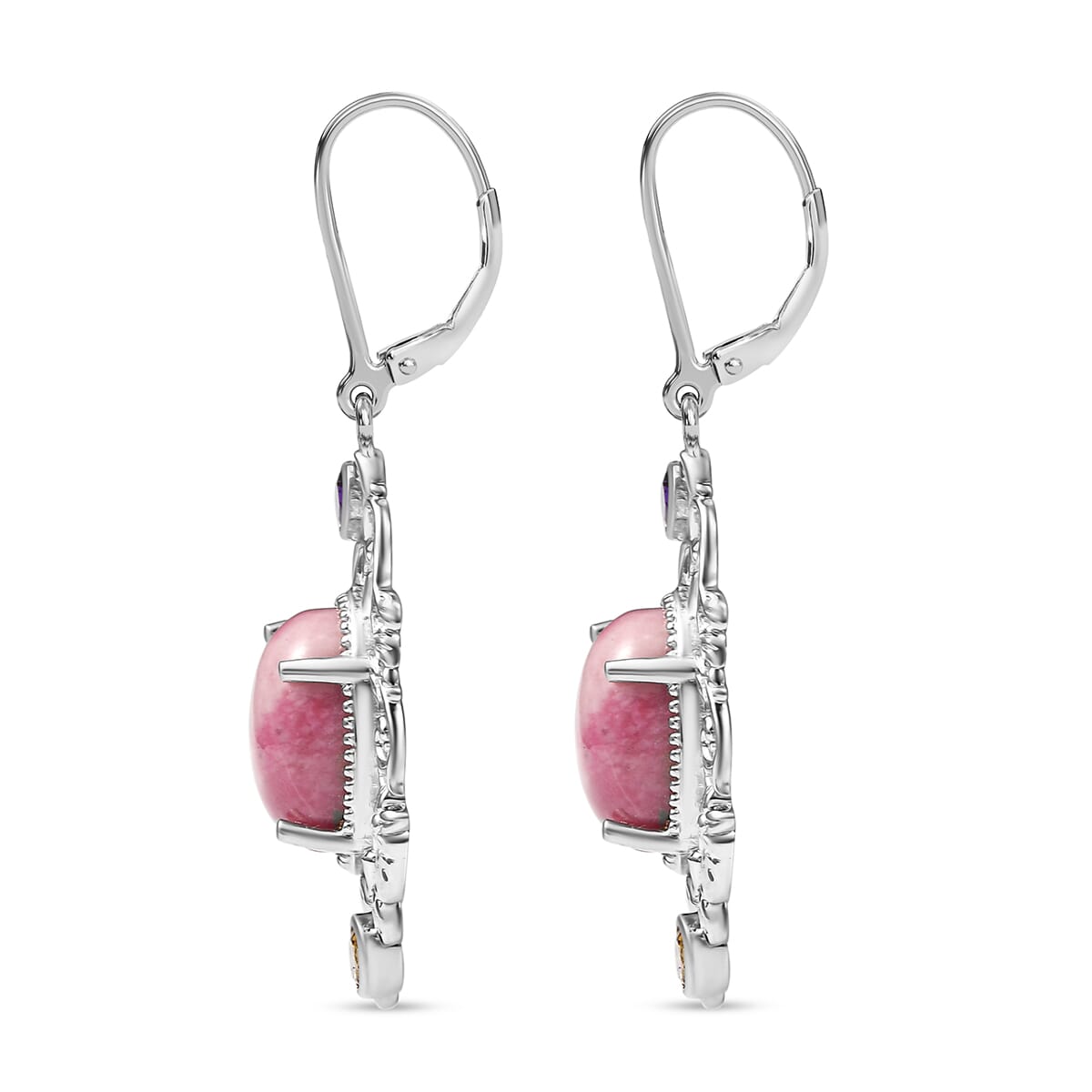 Karis Rhodonite and Multi Gemstone 18.80 ctw Lever Back Earrings in Platinum Bond  image number 4