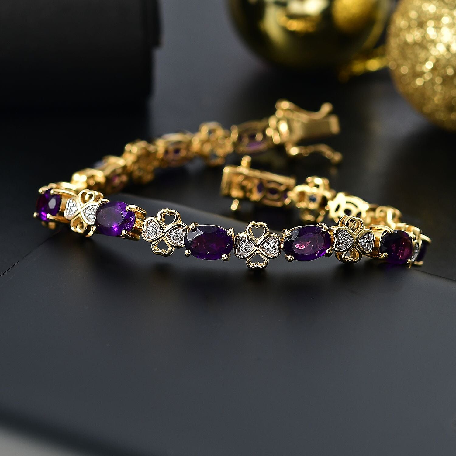 GP Amore Collection African Amethyst and White Zircon 8.90 ctw Bracelet in 18K Vermeil Yellow Gold Over Sterling Silver (6.50 In)