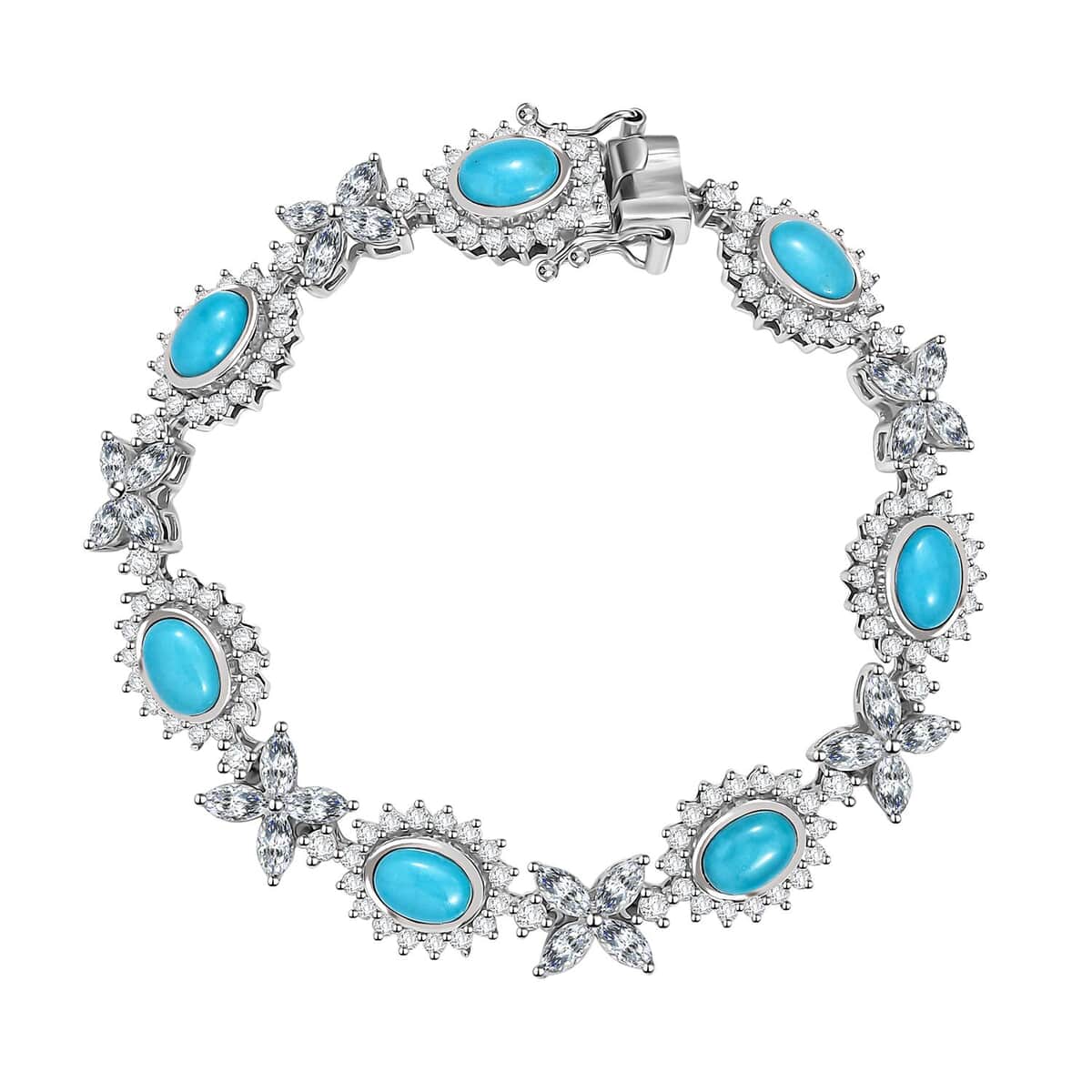 TLV Sleeping Beauty Turquoise, White Zircon Sunburst Halo Bracelet in Rhodium Over Sterling Silver (7.25 In) 14.90 ctw image number 0