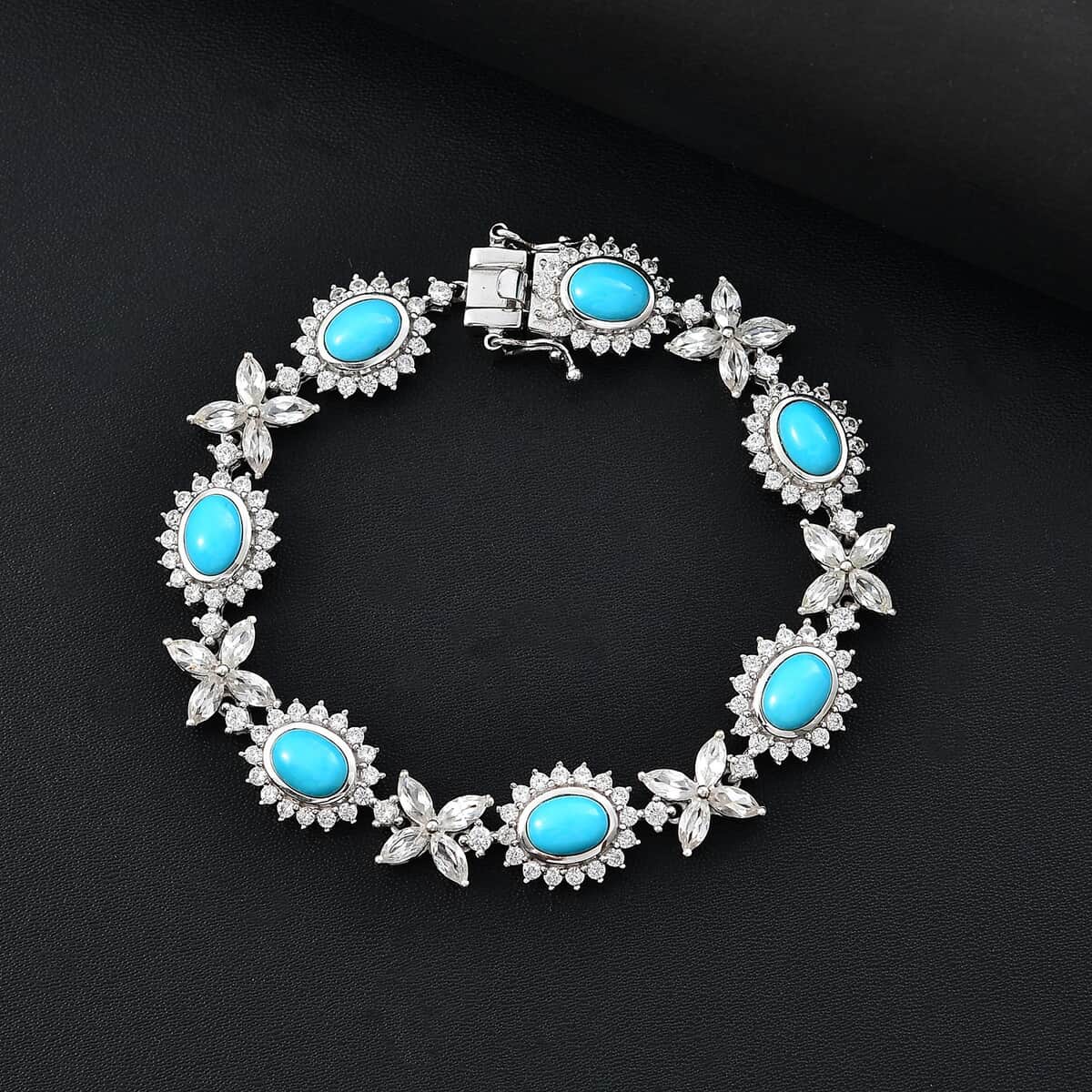 TLV Sleeping Beauty Turquoise, White Zircon Sunburst Halo Bracelet in Rhodium Over Sterling Silver (7.25 In) 14.90 ctw image number 1