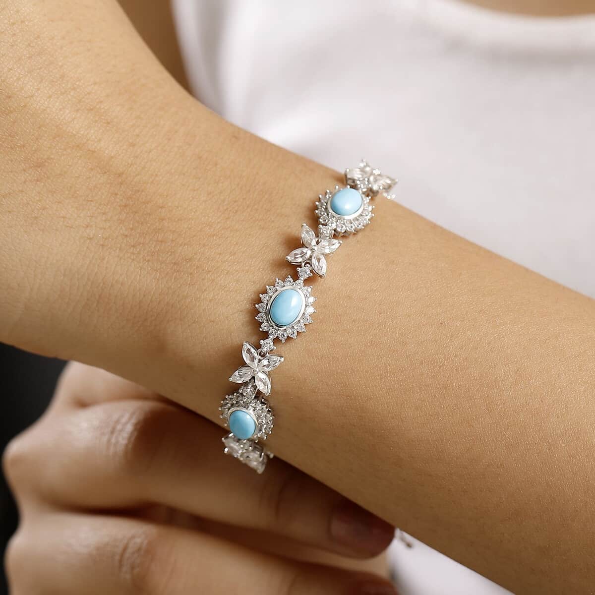 TLV Sleeping Beauty Turquoise, White Zircon Sunburst Halo Bracelet in Rhodium Over Sterling Silver (7.25 In) 14.90 ctw image number 2