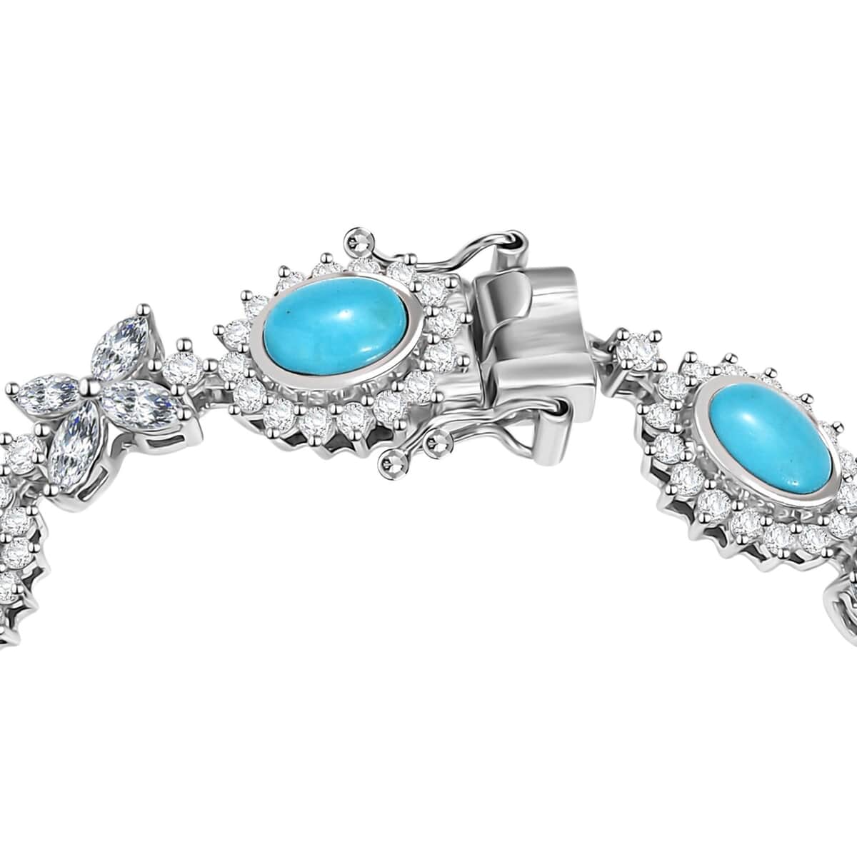 TLV Sleeping Beauty Turquoise, White Zircon Sunburst Halo Bracelet in Rhodium Over Sterling Silver (7.25 In) 14.90 ctw image number 3