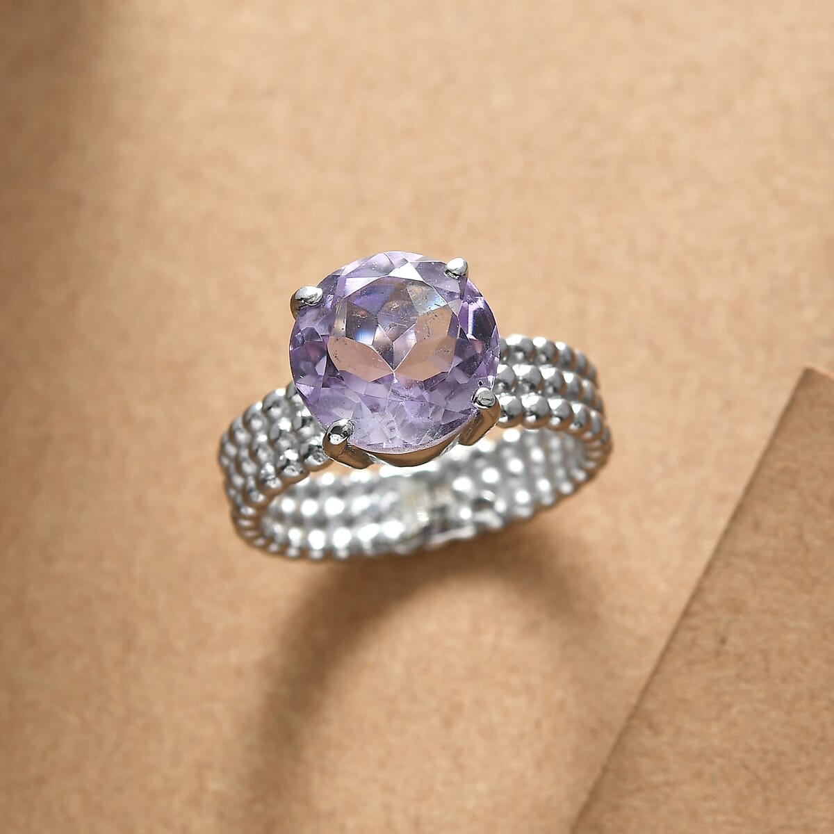 Rose De France Amethyst 3.75 ctw Solitaire Ring in Stainless Steel (Size 5.0) image number 1