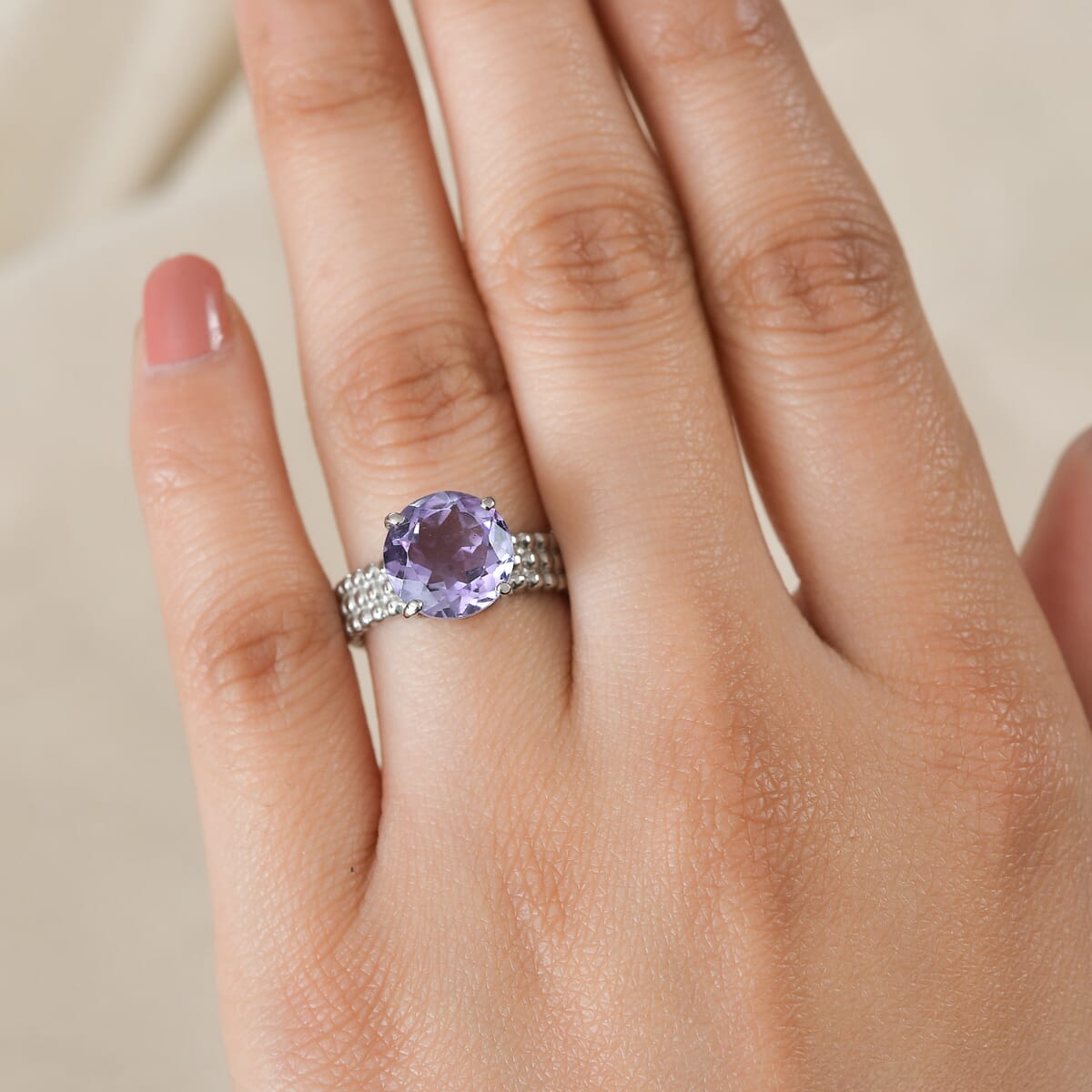 Rose De France Amethyst 3.75 ctw Solitaire Ring in Stainless Steel (Size 5.0) image number 2