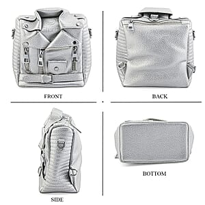 Silver Crocodile Embossed Faux Leather Jacket Bag