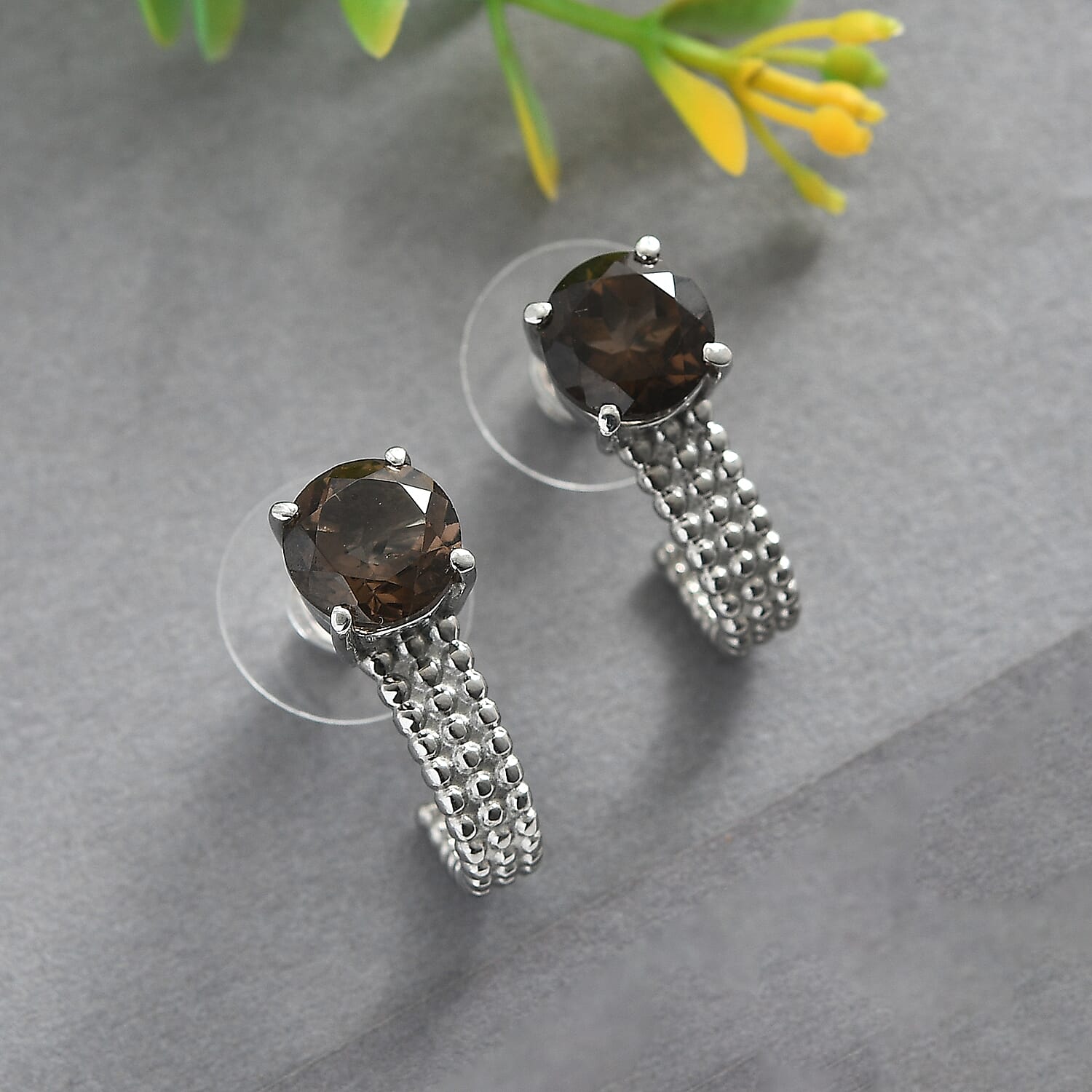 Brazilian Smoky Quartz 4.00 ctw J Hoop Earrings in Stainless Steel