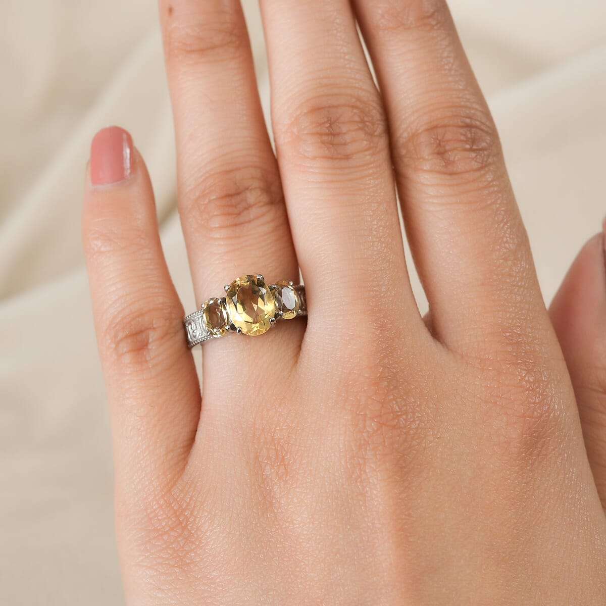Brazilian Citrine 2.60 ctw 3 Stone Ring in Stainless Steel (Size 8.0) image number 2