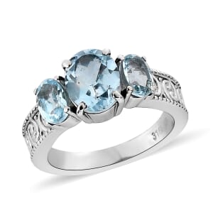 Sky Blue Topaz 3.70 ctw 3 Stone Ring in Stainless Steel (Size 8.0)