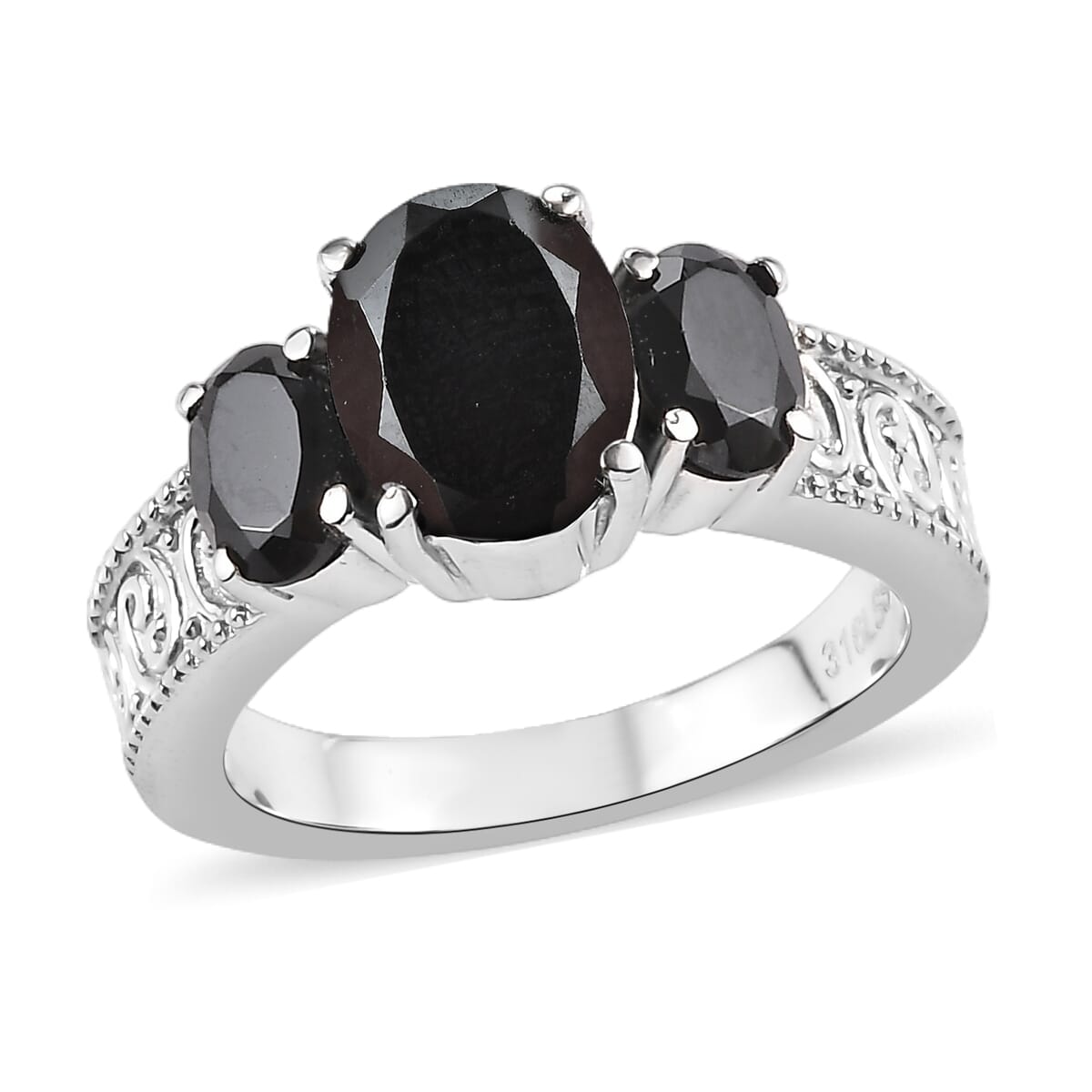 Thai Black Spinel 3.60 ctw 3 Stone Ring in Stainless Steel (Size 11.0) image number 0