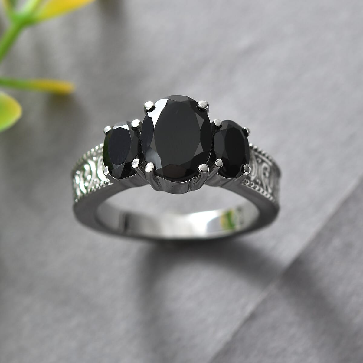 Thai Black Spinel 3.60 ctw 3 Stone Ring in Stainless Steel (Size 11.0) image number 1
