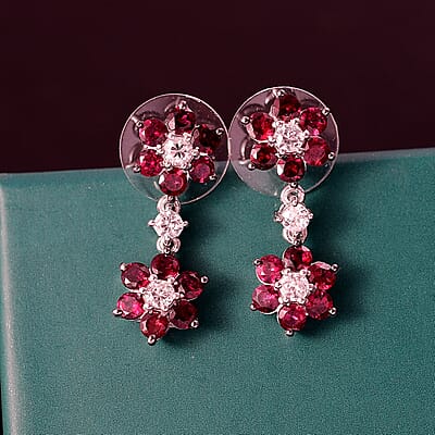 D'Joy Premium Anthill Garnet and White Zircon 4.70 ctw Flower Dangling Earrings in Rhodium Over Sterling Silver