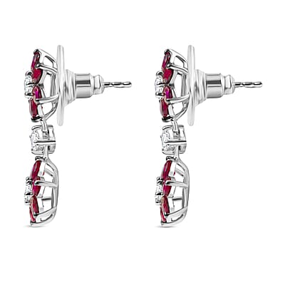 D'Joy Premium Anthill Garnet and White Zircon 4.70 ctw Flower Dangling Earrings in Rhodium Over Sterling Silver