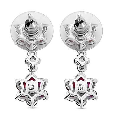 D'Joy Premium Anthill Garnet and White Zircon 4.70 ctw Flower Dangling Earrings in Rhodium Over Sterling Silver