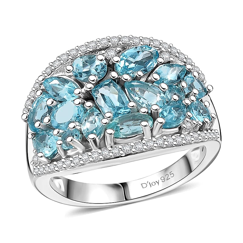 D'Joy Premium Betroka Blue Apatite and Moissanite 3.30 ctw Cluster Ring in Rhodium Over Sterling Silver (Size 10.0)