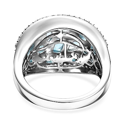 D'Joy Premium Betroka Blue Apatite and Moissanite 3.30 ctw Cluster Ring in Rhodium Over Sterling Silver (Size 10.0)