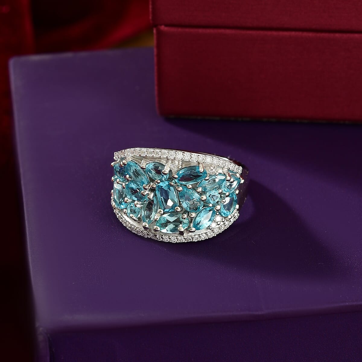 Premium Betroka Blue Apatite and Moissanite 3.30 ctw Cluster Ring in Rhodium Over Sterling Silver (Size 8.0) image number 1
