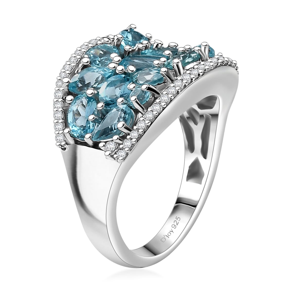 Premium Betroka Blue Apatite and Moissanite 3.30 ctw Cluster Ring in Rhodium Over Sterling Silver (Size 8.0) image number 3