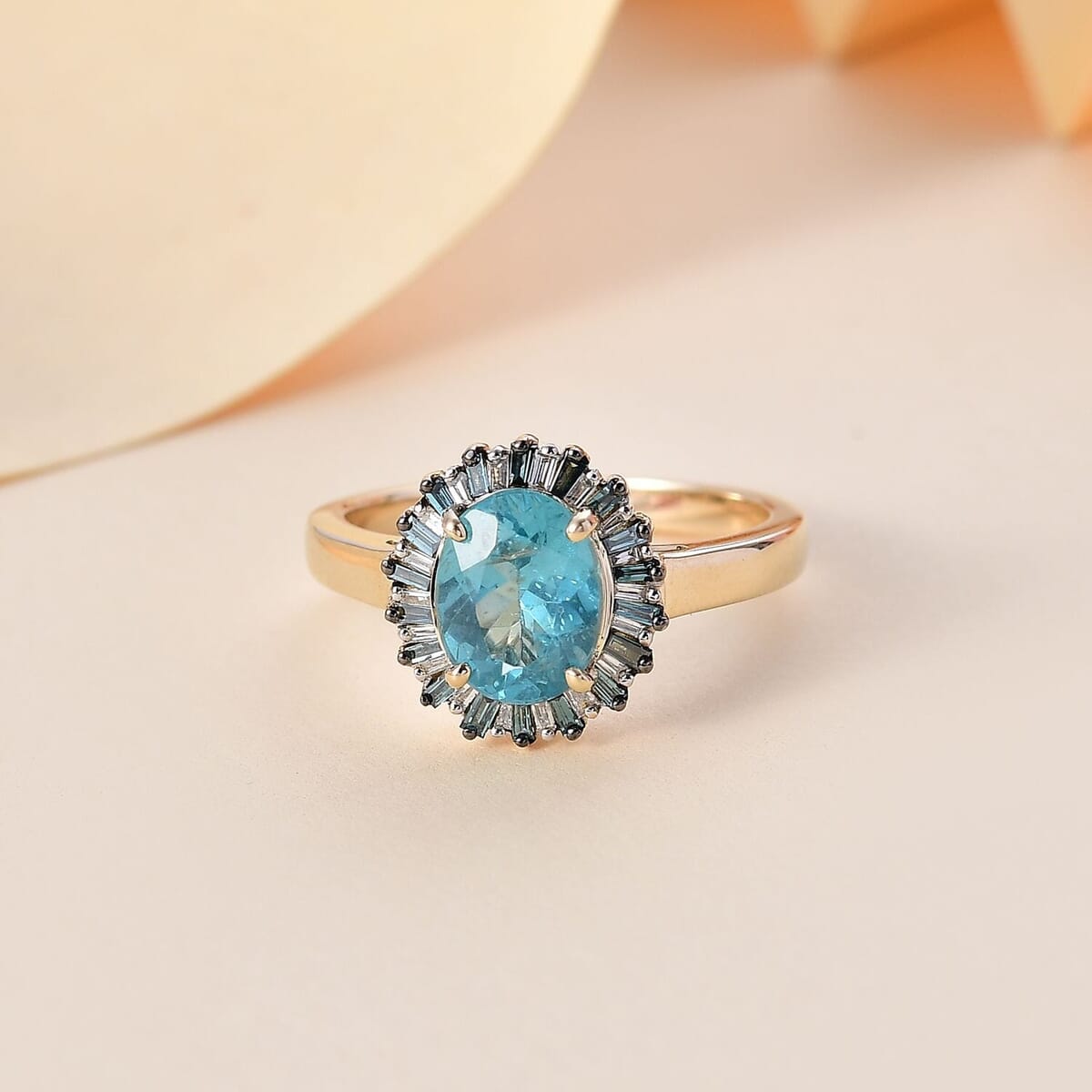 Luxoro Premium Betroka Blue Apatite, Blue Diamond and Diamond (I2) 5.0) 2.35 ctw Ocean Bloom Ring in 10K Yellow Gold (Size 10.0) image number 1