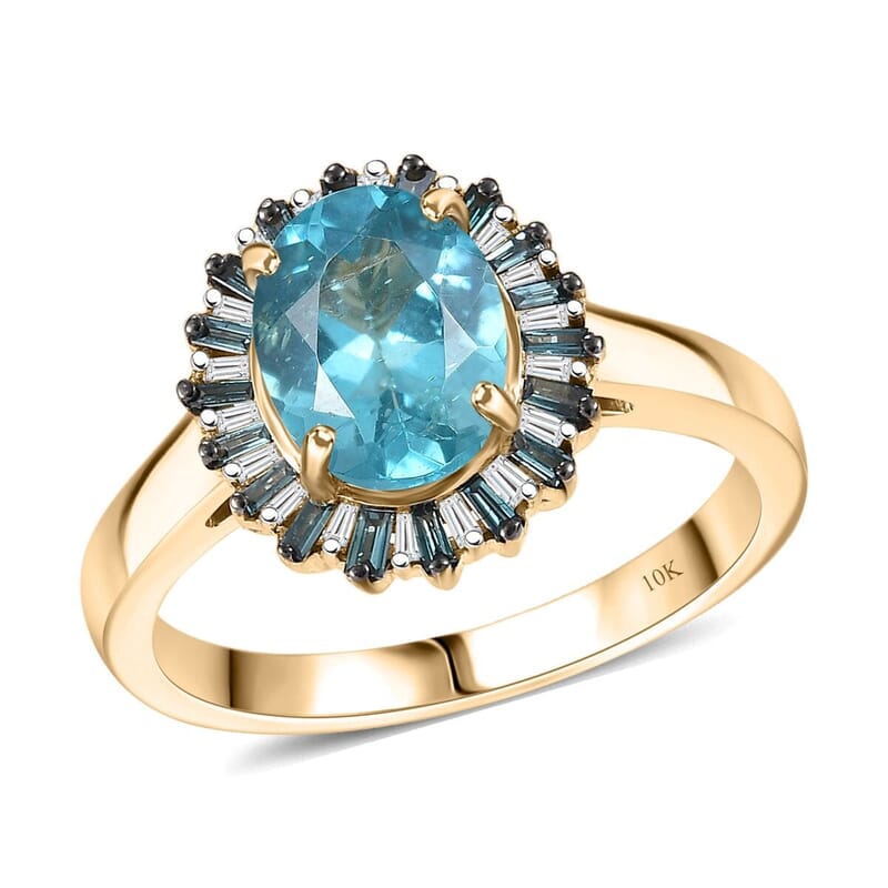 Luxoro Premium Betroka Blue Apatite, Blue Diamond and Diamond (I2) 7.5) 2.35 ctw Ocean Bloom Ring in 10K Yellow Gold (Size 10.0)