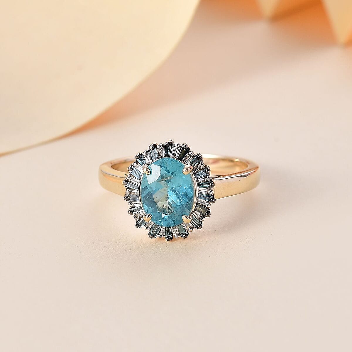Luxoro Premium Betroka Blue Apatite, Blue Diamond and Diamond (I2) 7.5) 2.35 ctw Ocean Bloom Ring in 10K Yellow Gold (Size 10.0) image number 1