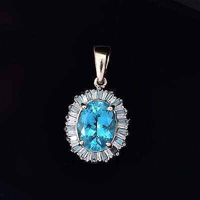 Luxoro Premium Betroka Blue Apatite, Blue and White Diamond (I2) 2.40 ctw Ocean Bloom Pendant without Chain in 10K Yellow Gold