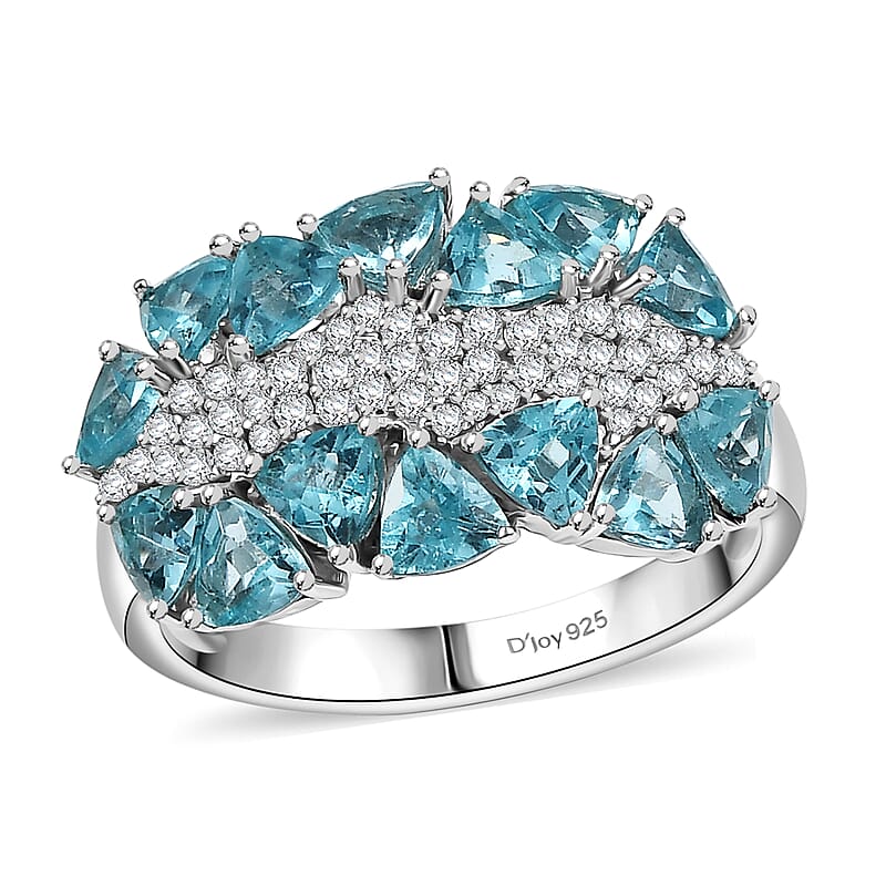 D'Joy Premium Betroka Blue Apatite and Moissanite 2.90 ctw Ring in Rhodium Over Sterling Silver (Size 10.0)