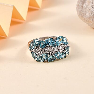 D'Joy Premium Betroka Blue Apatite and Moissanite 2.90 ctw Ring in Rhodium Over Sterling Silver (Size 10.0)
