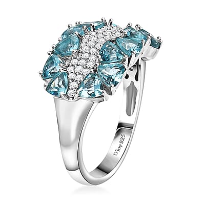 D'Joy Premium Betroka Blue Apatite and Moissanite 2.90 ctw Ring in Rhodium Over Sterling Silver (Size 10.0)