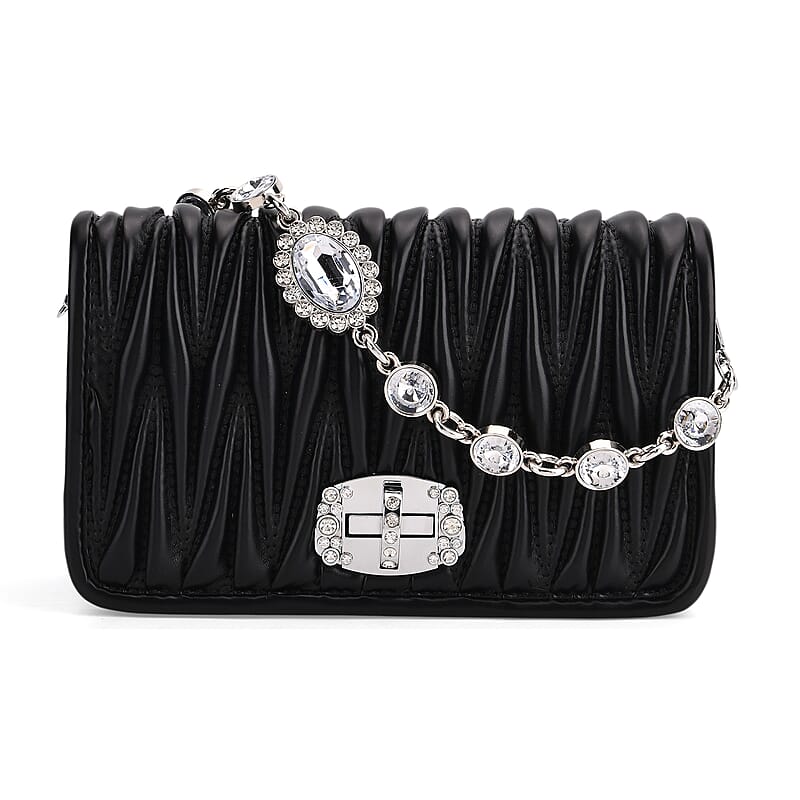 Black Wave Quilted Faux Leather Crossbody Bag with Shoulder Strap