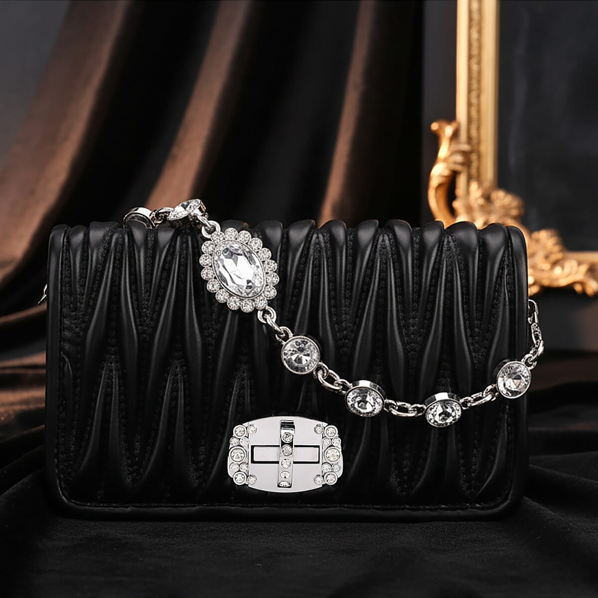 Black Wave Quilted Faux Leather Crossbody Bag with Shoulder Strap image number 1