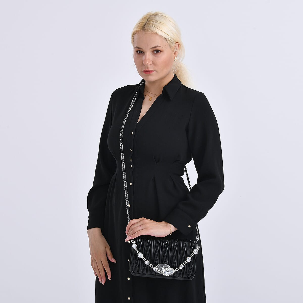 Black Wave Quilted Faux Leather Crossbody Bag with Shoulder Strap image number 2