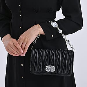 Black Wave Quilted Faux Leather Crossbody Bag with Shoulder Strap