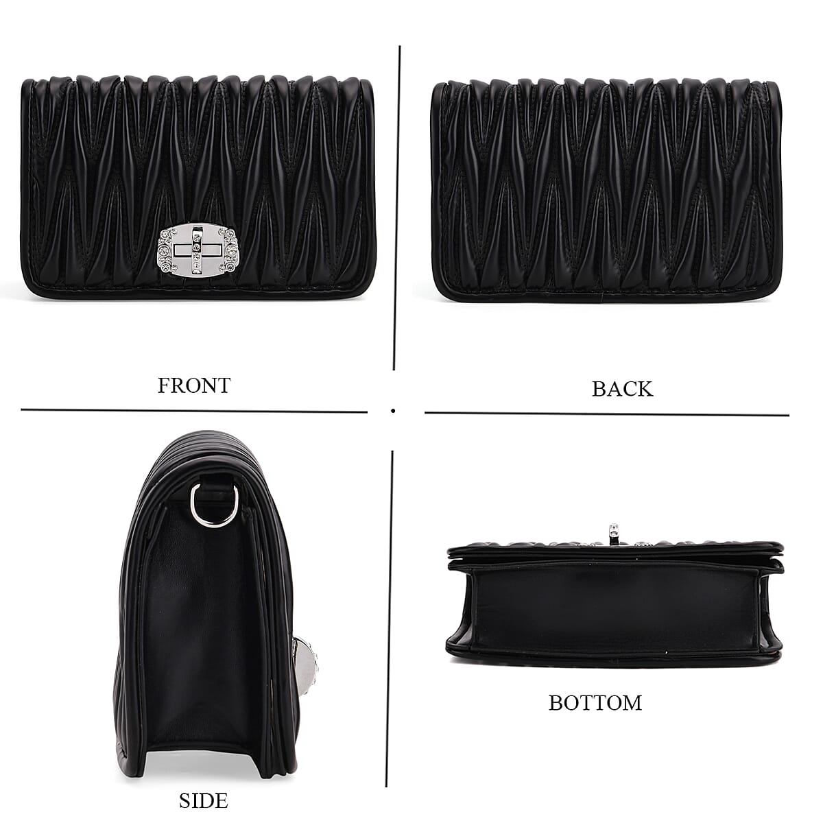 Black Wave Quilted Faux Leather Crossbody Bag with Shoulder Strap image number 4