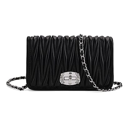 Black Wave Quilted Faux Leather Crossbody Bag with Shoulder Strap