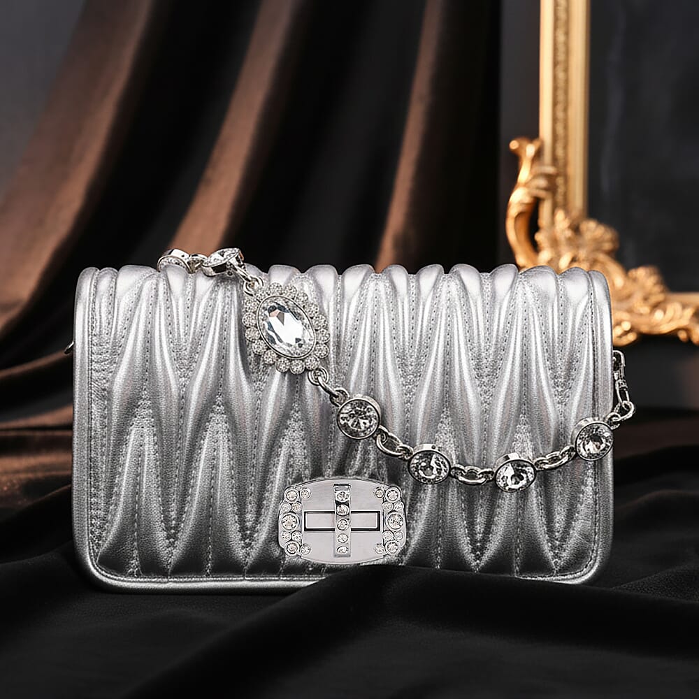 Silver Wave Quilted Faux Leather Crossbody Bag with Shoulder Strap