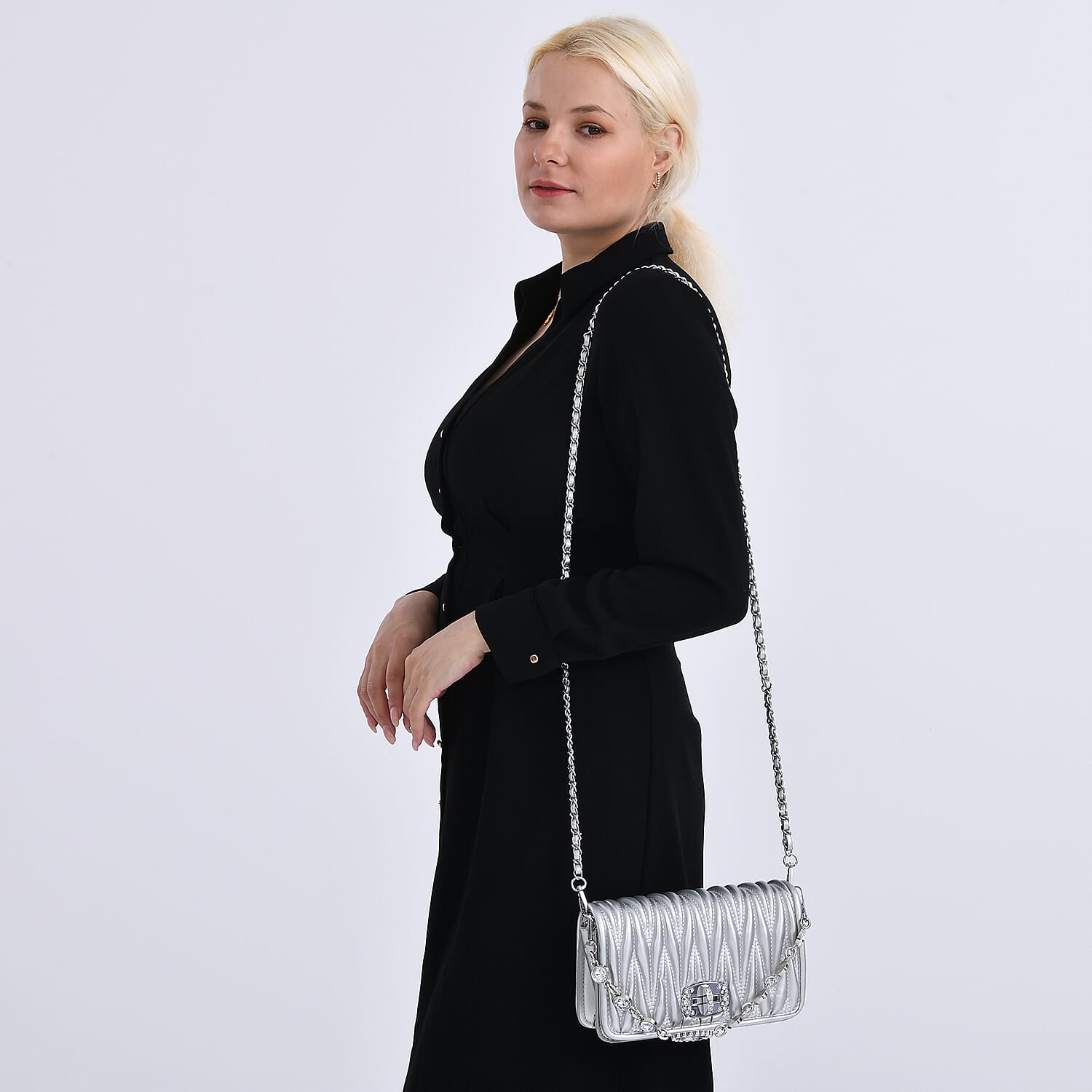 Silver Wave Quilted Faux Leather Crossbody Bag with Shoulder Strap