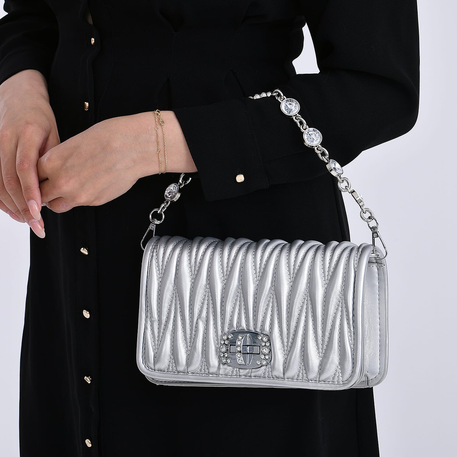 Silver Wave Quilted Faux Leather Crossbody Bag with Shoulder Strap
