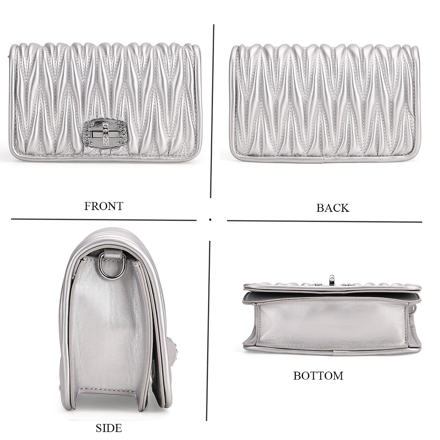 Silver Wave Quilted Faux Leather Crossbody Bag with Shoulder Strap