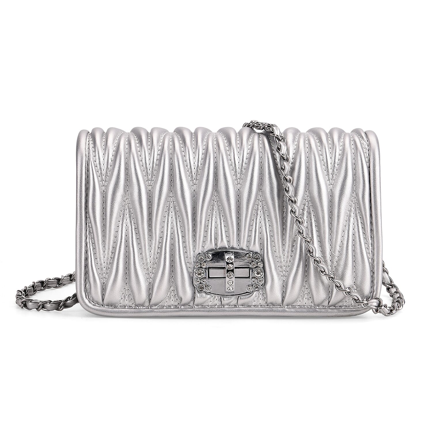 Silver Wave Quilted Faux Leather Crossbody Bag with Shoulder Strap