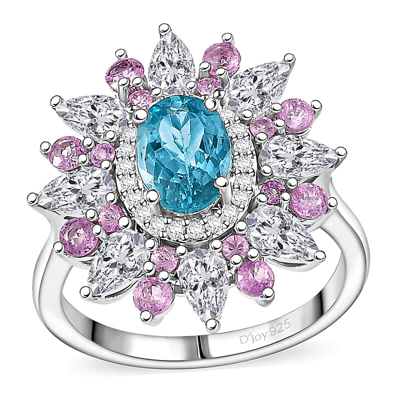 D'Joy Premium Betroka Blue Apatite and Multi Gemstone 3.70 ctw Floral Ring in Rhodium Over Sterling Silver (Size 10.0)