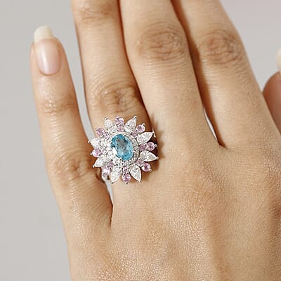 D'Joy Premium Betroka Blue Apatite and Multi Gemstone 3.70 ctw Floral Ring in Rhodium Over Sterling Silver (Size 10.0)
