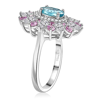 D'Joy Premium Betroka Blue Apatite and Multi Gemstone 3.70 ctw Floral Ring in Rhodium Over Sterling Silver (Size 10.0)